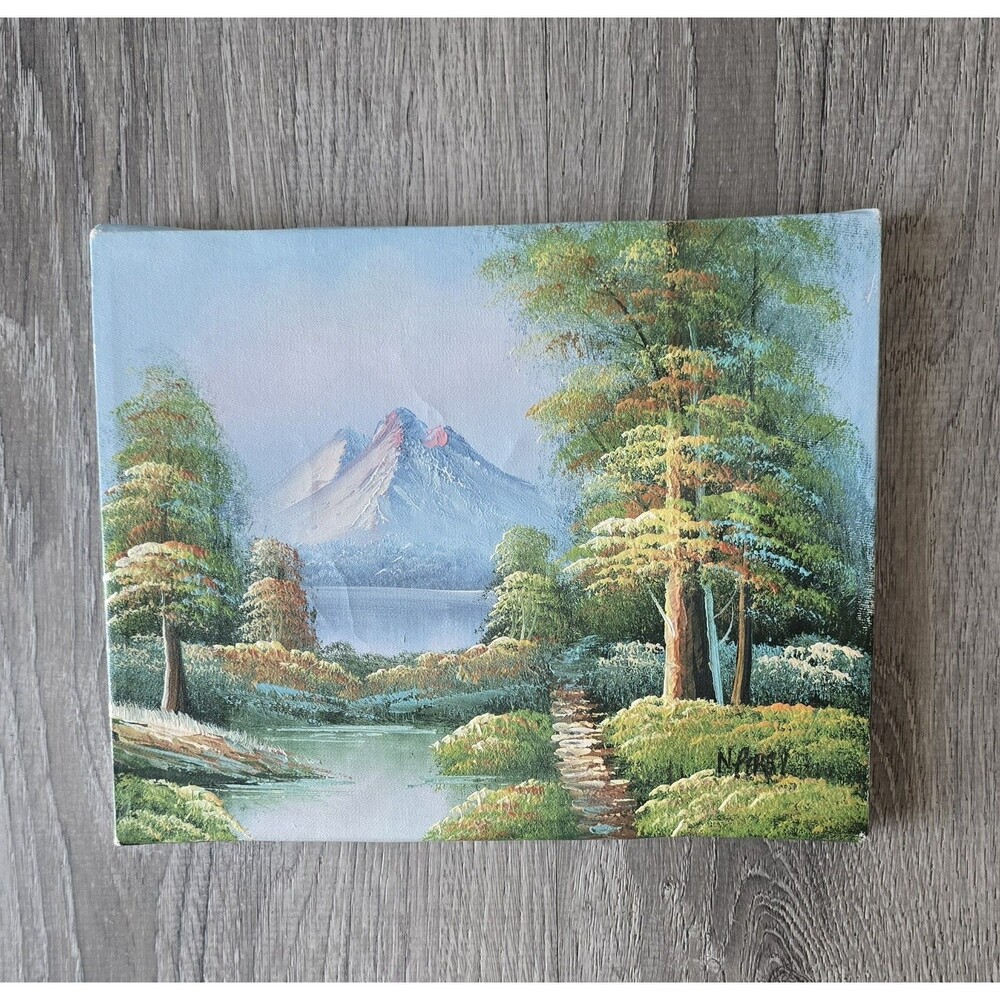 Vintage Mountain Landscape Scene Painting - Signed 10" x 8" Canvas Small N.Perry